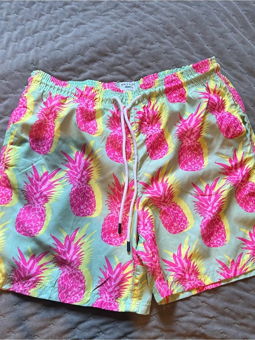 Neon Pineapple Print Men’s Swim Trunks - Pink on Light Green